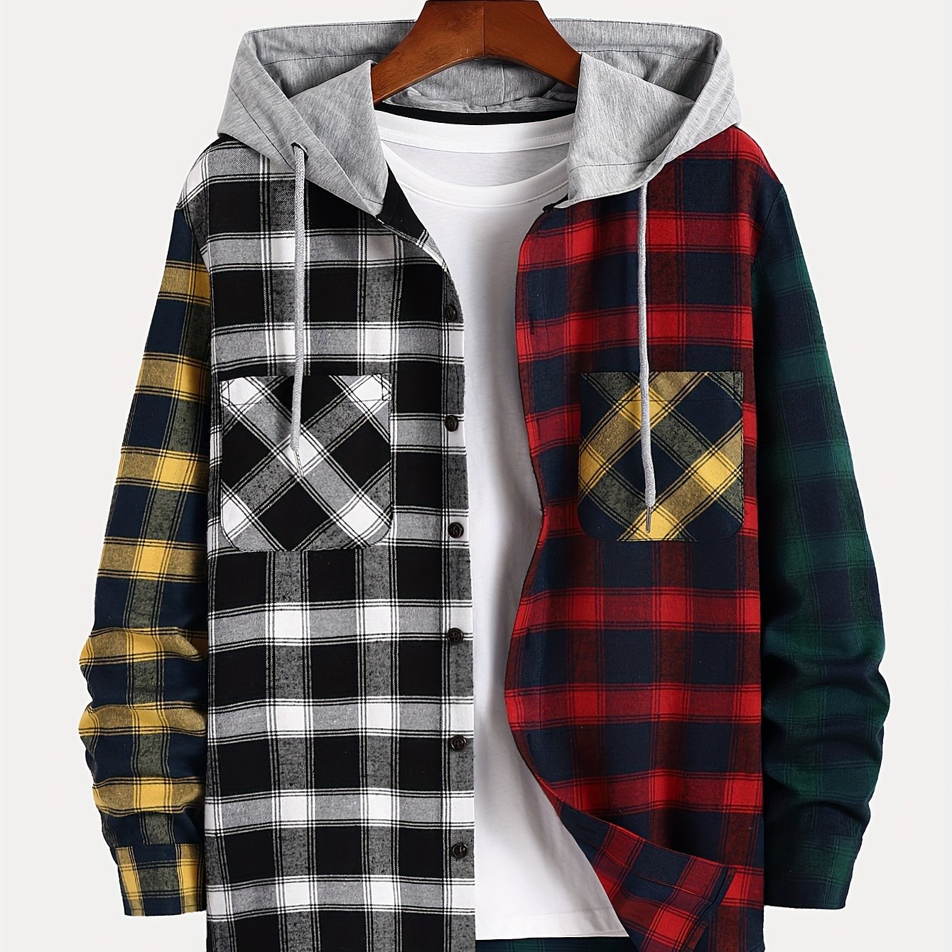 Men's Trendy Color Block Checkered Hooded Sweatshirt Casual Long Sleeve Hoodies With Button Gym Sports Hooded Jacket
