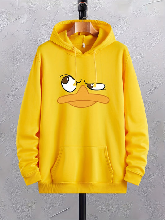 Cartoon Duck Print Hoodies For Men, Graphic Hoodie With Kangaroo Pocket, Comfy Loose Trendy Drawstring Hooded Pullover, Mens Clothing For Autumn Winter