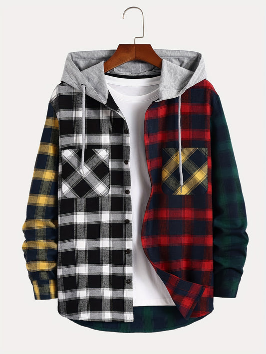Men's Trendy Color Block Checkered Hooded Sweatshirt Casual Long Sleeve Hoodies With Button Gym Sports Hooded Jacket
