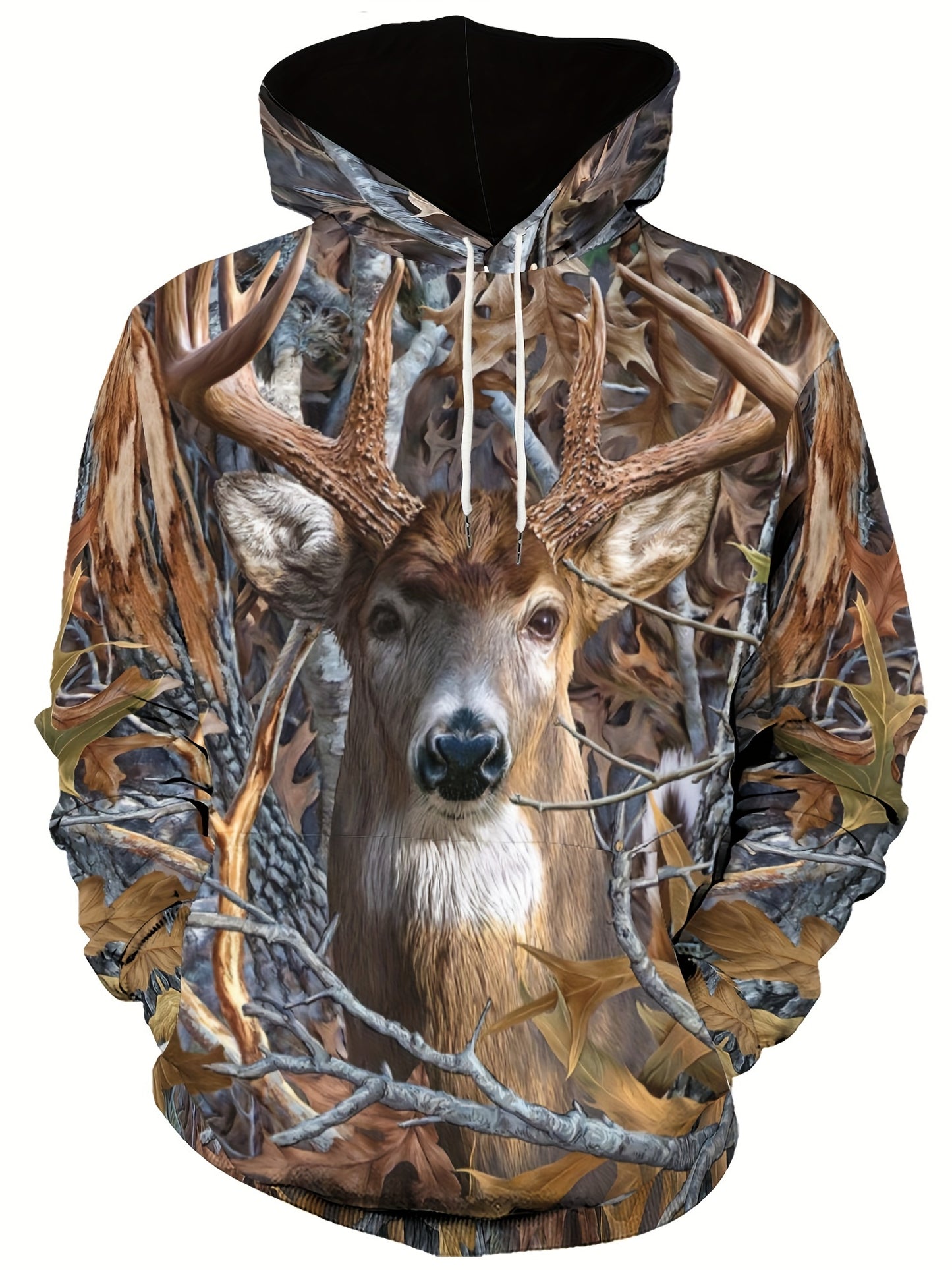 Deer & Leaf Print Hoodie, Cool Hoodies For Men, Men's Casual Graphic Design Pullover Hooded Sweatshirt With Kangaroo Pocket Streetwear For Winter Fall, As Gifts