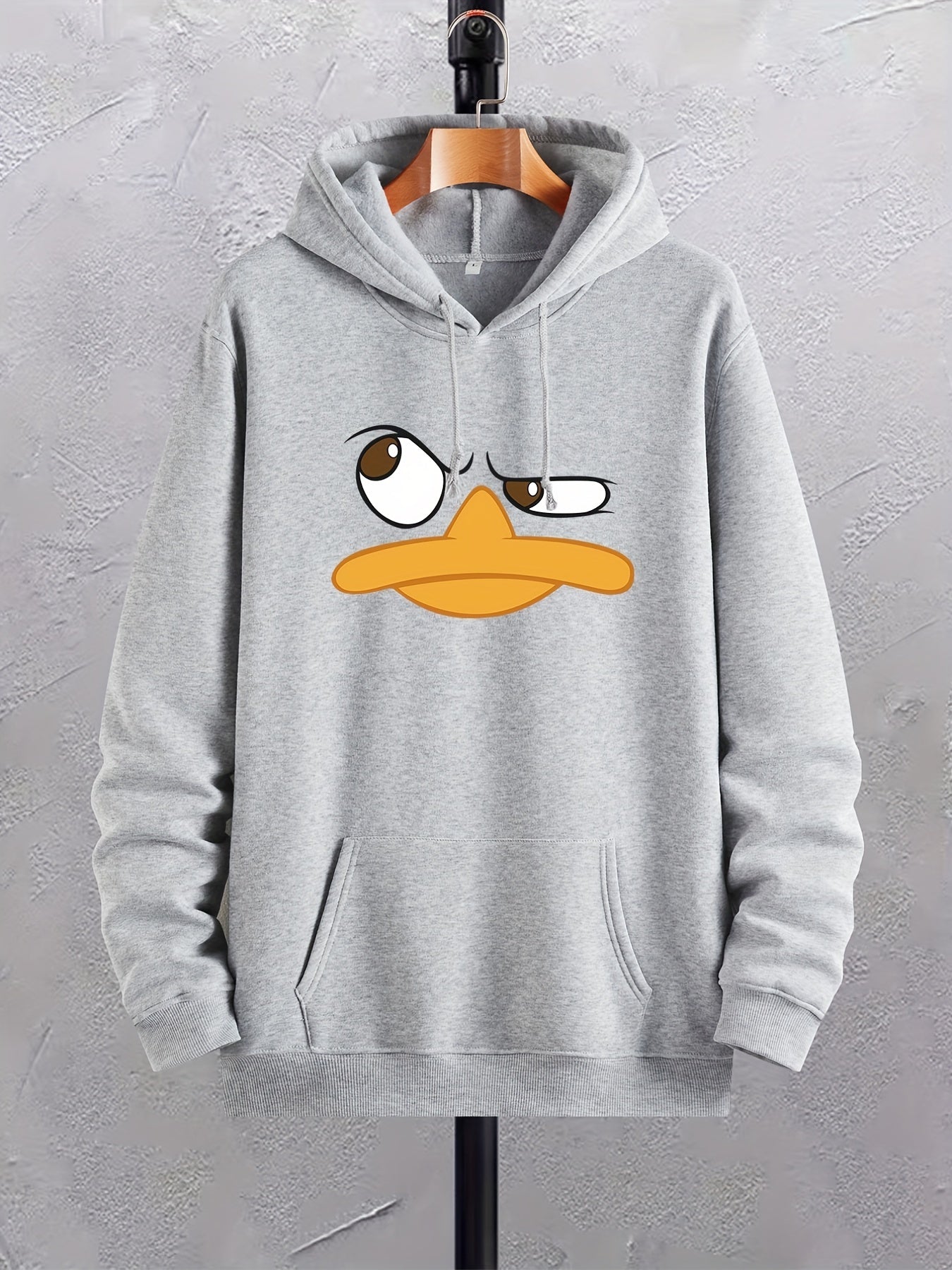 Cartoon Duck Print Hoodies For Men, Graphic Hoodie With Kangaroo Pocket, Comfy Loose Trendy Drawstring Hooded Pullover, Mens Clothing For Autumn Winter