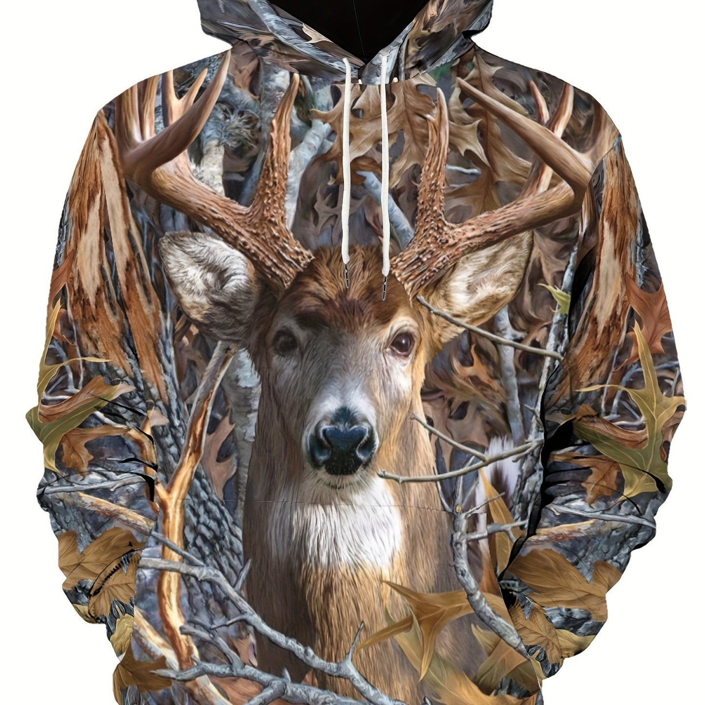 Deer & Leaf Print Hoodie, Cool Hoodies For Men, Men's Casual Graphic Design Pullover Hooded Sweatshirt With Kangaroo Pocket Streetwear For Winter Fall, As Gifts